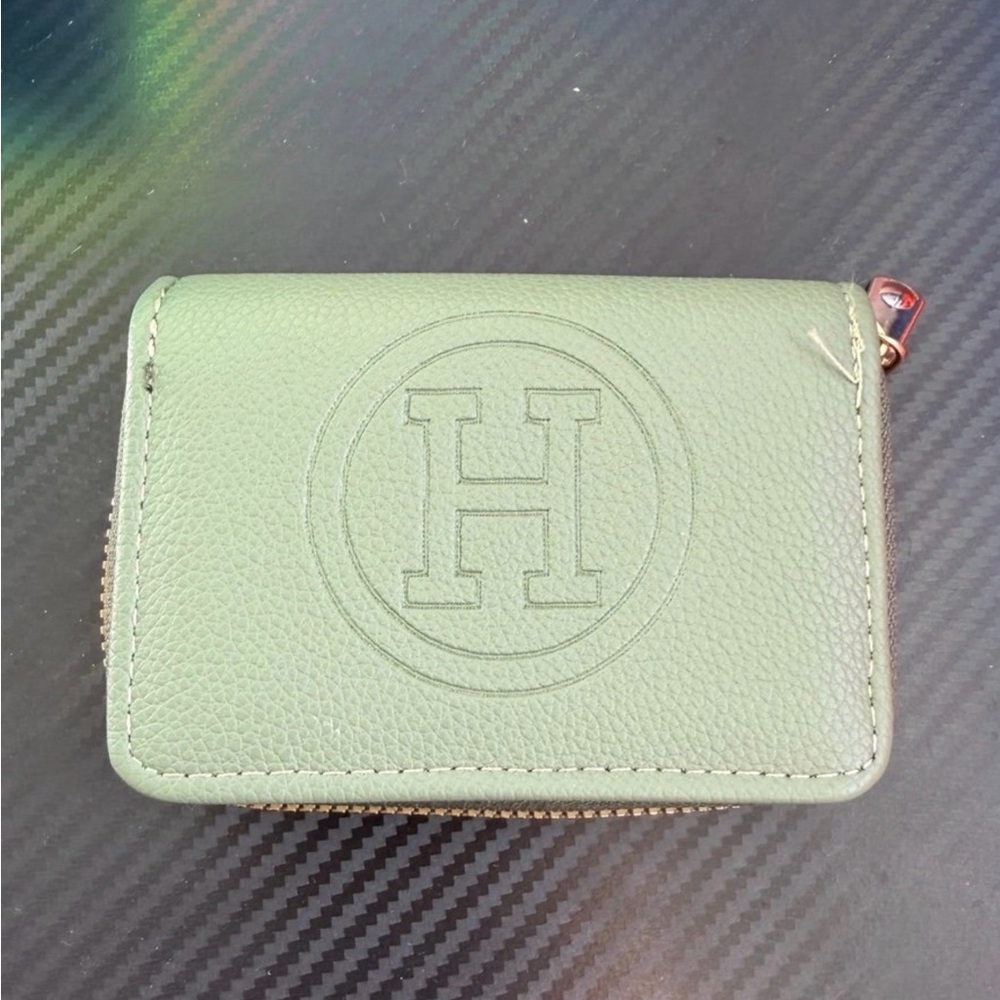 Green Leather Wallet with Embossed H
